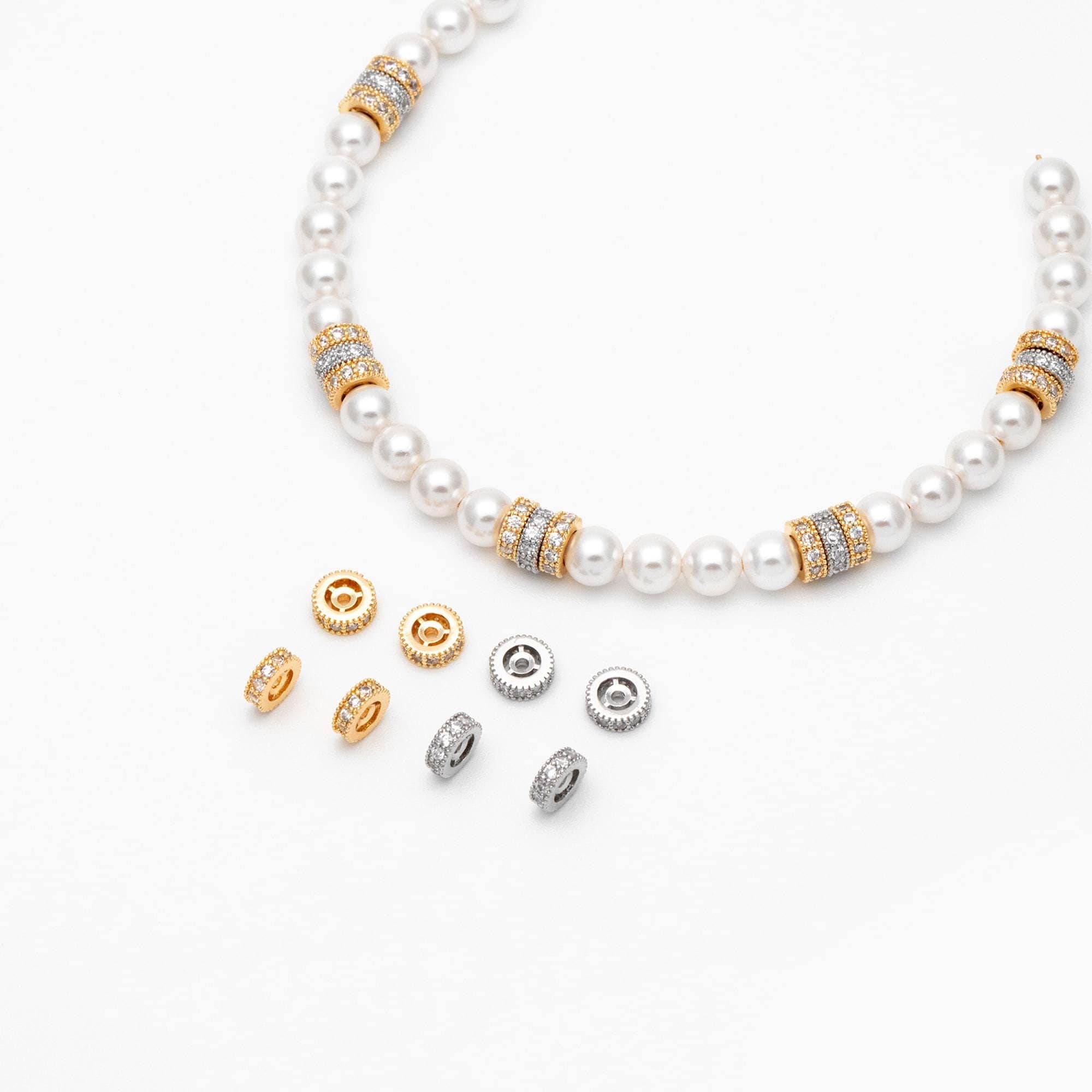 4pcs CZ Pave Gold/ Silver Spacers 6mm, Real Gold/ Rhodium plated Brass Rondelle Beads (GB-182)